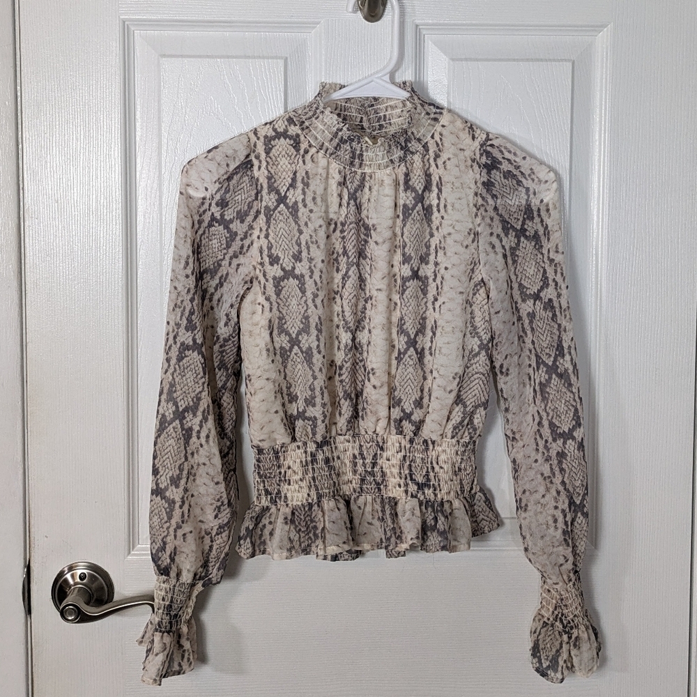 Japna Snakeskin Print Mock Neck Smocked Waist Long Sleeve Blouse Size‎ XS